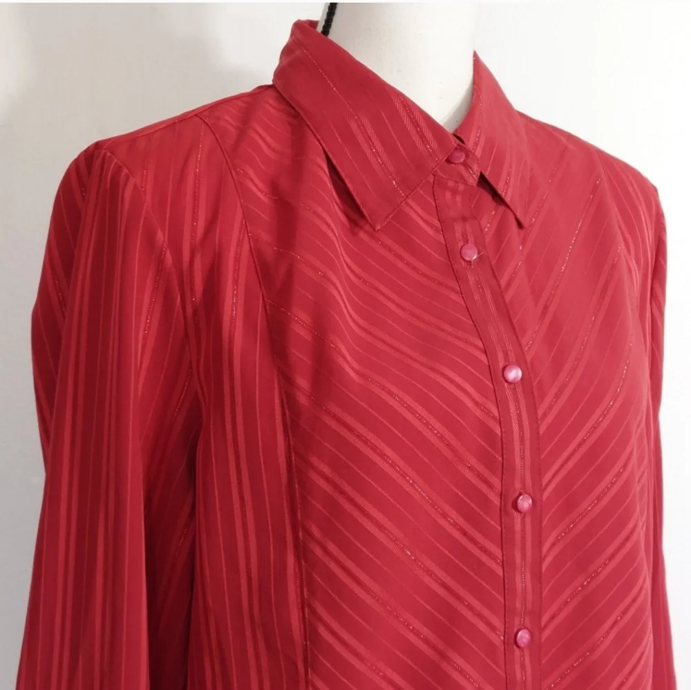 East 5th Red Metallic Diagonal Stripes Button Front Blouse Size XL - Picture 5 of 11